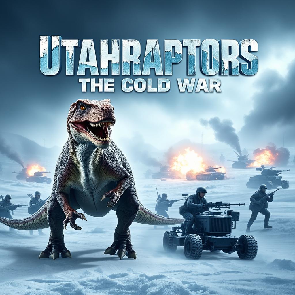 An action-packed movie poster titled "Utahraptors: The Cold War" showcasing a fierce Utahraptor as the central figure set in a cold, snowy landscape