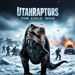 An action-packed movie poster titled "Utahraptors: The Cold War" showcasing a fierce Utahraptor as the central figure set in a cold, snowy landscape