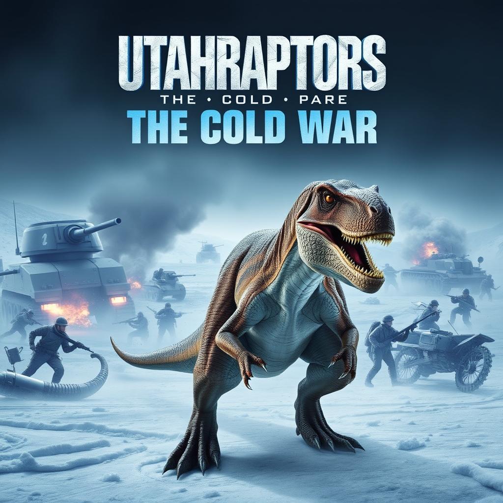 An action-packed movie poster titled "Utahraptors: The Cold War" showcasing a fierce Utahraptor as the central figure set in a cold, snowy landscape