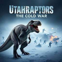 An action-packed movie poster titled "Utahraptors: The Cold War" showcasing a fierce Utahraptor as the central figure set in a cold, snowy landscape