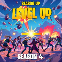 A dynamic and vibrant illustration depicting the excitement and energy of leveling up in Fortnite during Season 4