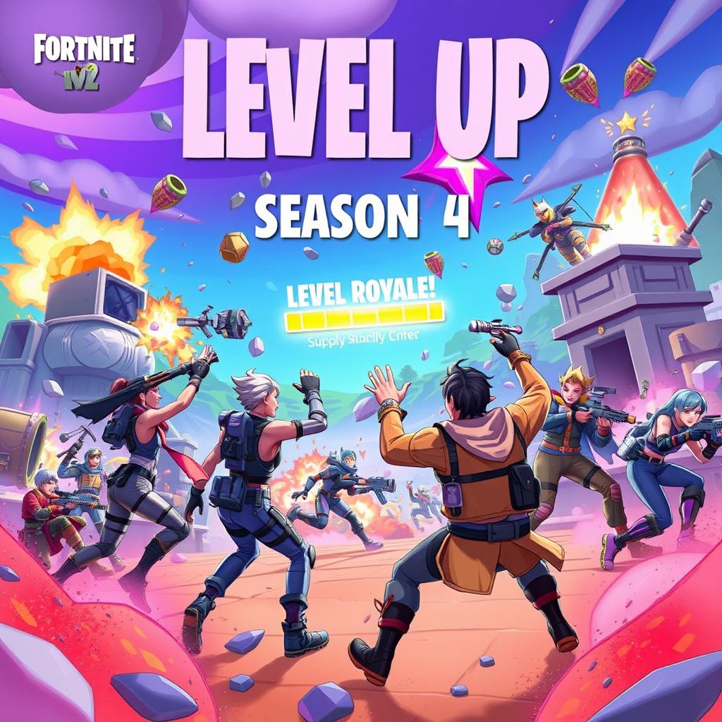 A dynamic and vibrant illustration depicting the excitement and energy of leveling up in Fortnite during Season 4