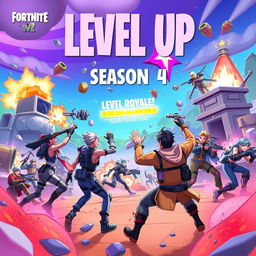 A dynamic and vibrant illustration depicting the excitement and energy of leveling up in Fortnite during Season 4