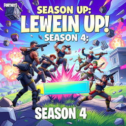 A dynamic and vibrant illustration depicting the excitement and energy of leveling up in Fortnite during Season 4