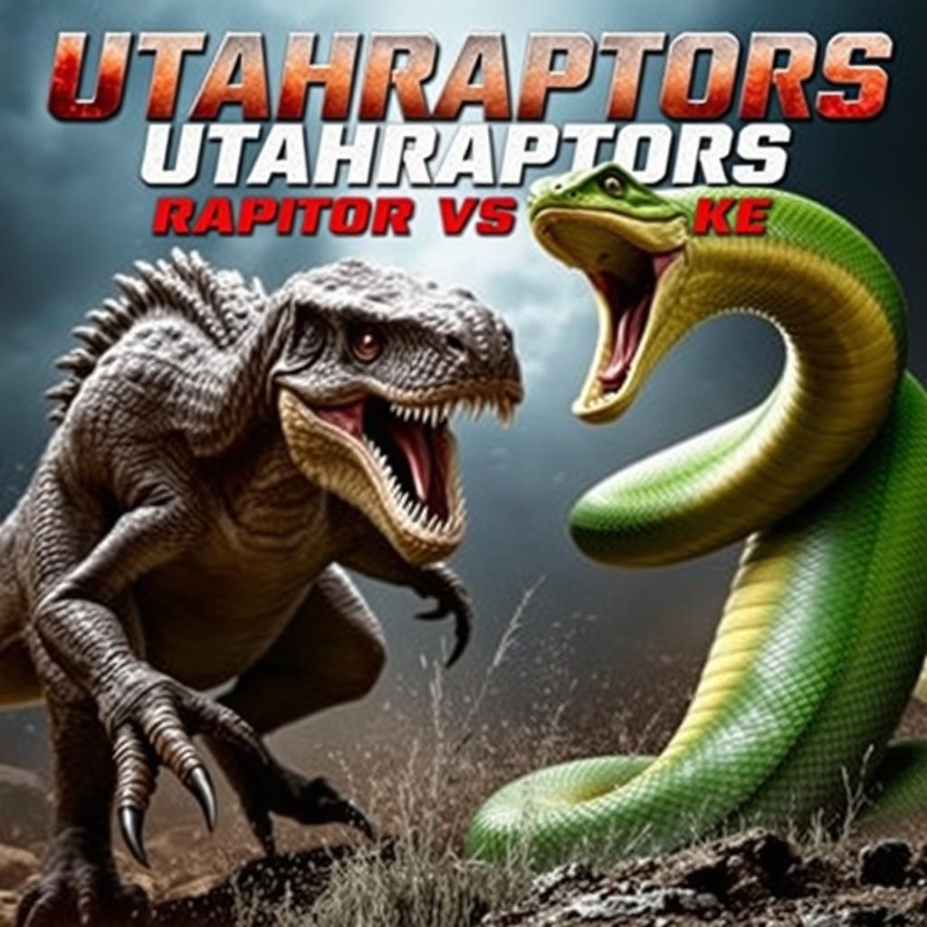 An intense action movie poster titled "Utahraptors: Raptor vs Snake" showcasing a thrilling battle between a formidable Utahraptor and a large green snake