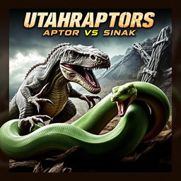 An intense action movie poster titled "Utahraptors: Raptor vs Snake" showcasing a thrilling battle between a formidable Utahraptor and a large green snake