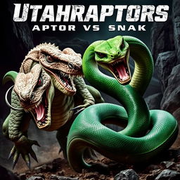 An intense action movie poster titled "Utahraptors: Raptor vs Snake" showcasing a thrilling battle between a formidable Utahraptor and a large green snake