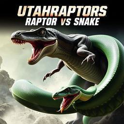 An intense action movie poster titled "Utahraptors: Raptor vs Snake" showcasing a thrilling battle between a formidable Utahraptor and a large green snake