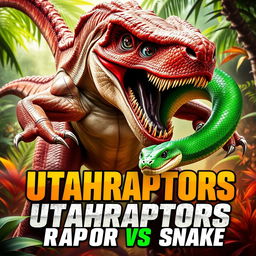 An adrenaline-pumping action movie poster titled "Utahraptors: Raptor vs Snake" featuring a fierce showdown between a powerful Utahraptor and an agile green snake