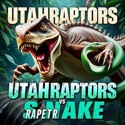 An adrenaline-pumping action movie poster titled "Utahraptors: Raptor vs Snake" featuring a fierce showdown between a powerful Utahraptor and an agile green snake