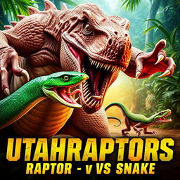 An adrenaline-pumping action movie poster titled "Utahraptors: Raptor vs Snake" featuring a fierce showdown between a powerful Utahraptor and an agile green snake