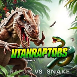 An adrenaline-pumping action movie poster titled "Utahraptors: Raptor vs Snake" featuring a fierce showdown between a powerful Utahraptor and an agile green snake