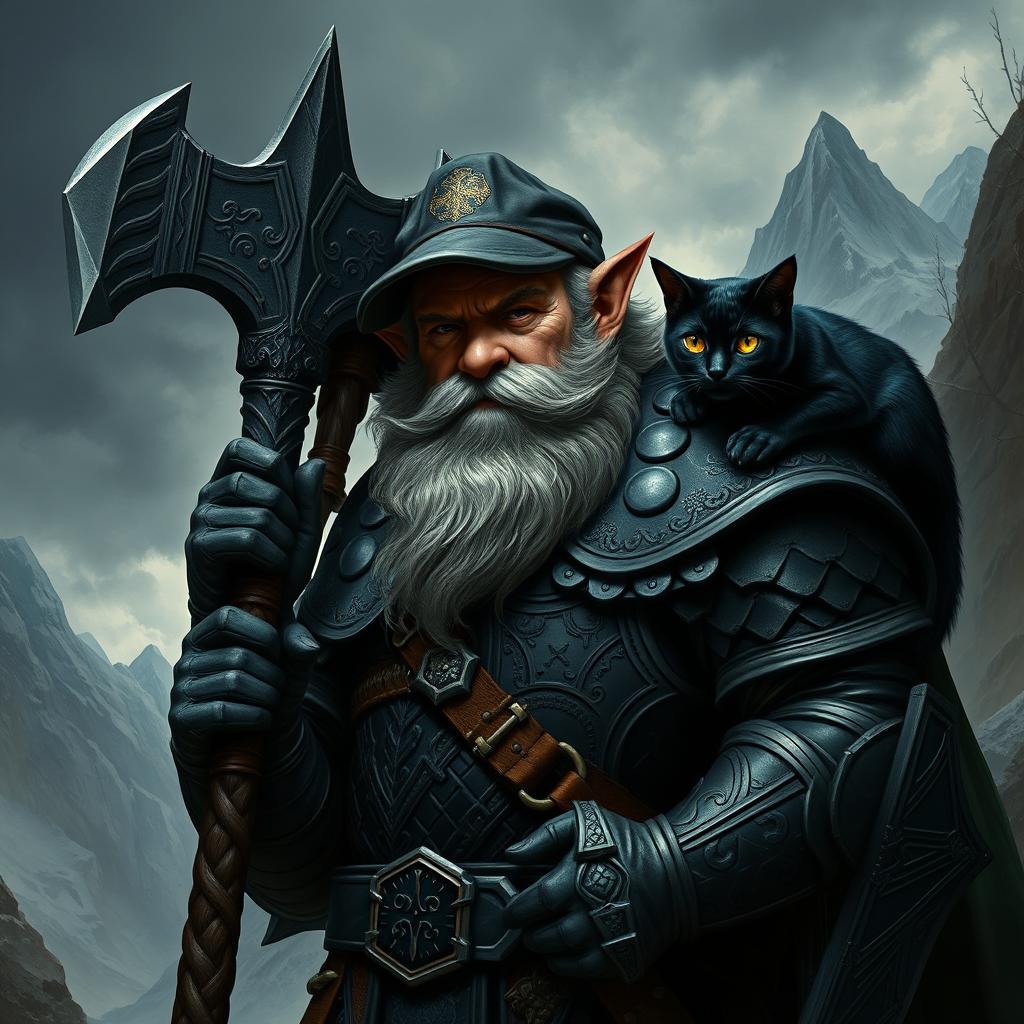 A dark dwarf clad in intricate dark armor, adorned with an Irish flat cap, exuding an air of mystery and strength