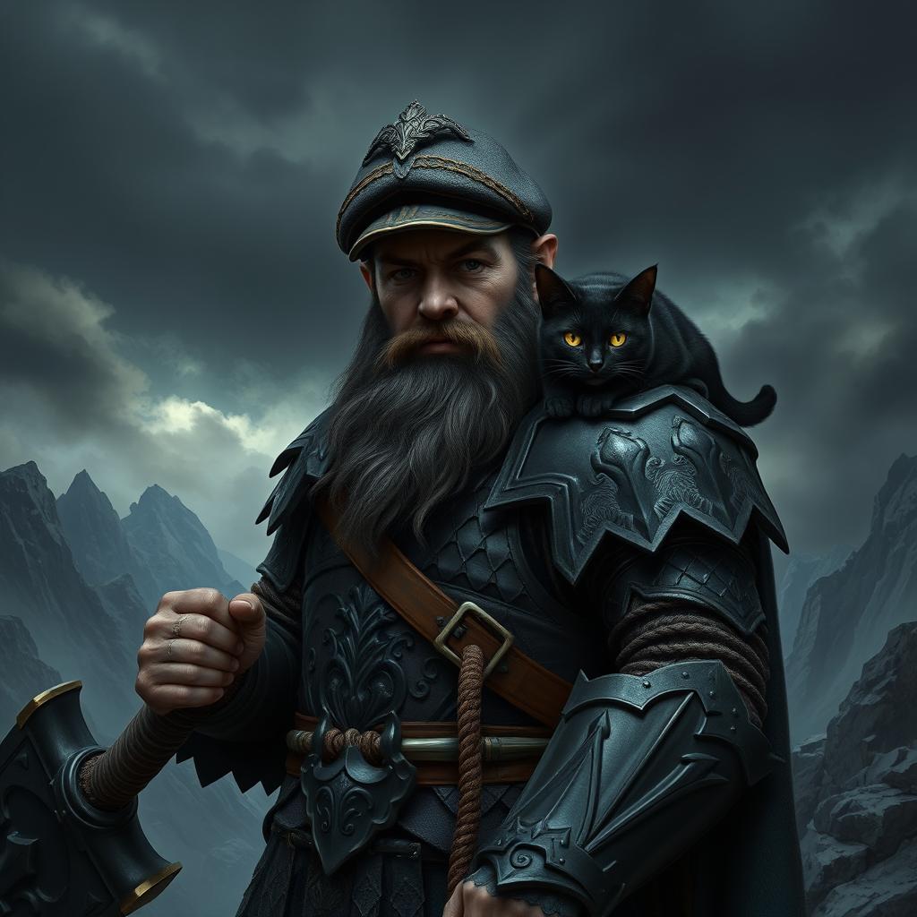 A dark dwarf clad in intricate dark armor, adorned with an Irish flat cap, exuding an air of mystery and strength