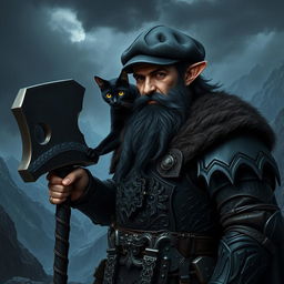 A dark dwarf clad in intricate dark armor, adorned with an Irish flat cap, exuding an air of mystery and strength