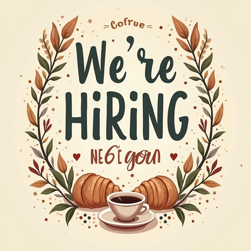 A beautifully designed 'We're Hiring' sign for a cozy local cafe