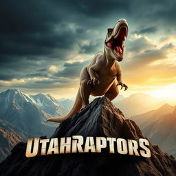 An exhilarating action movie poster titled "Utahraptors" featuring a Utahraptor in an epic pose atop a rugged mountain peak