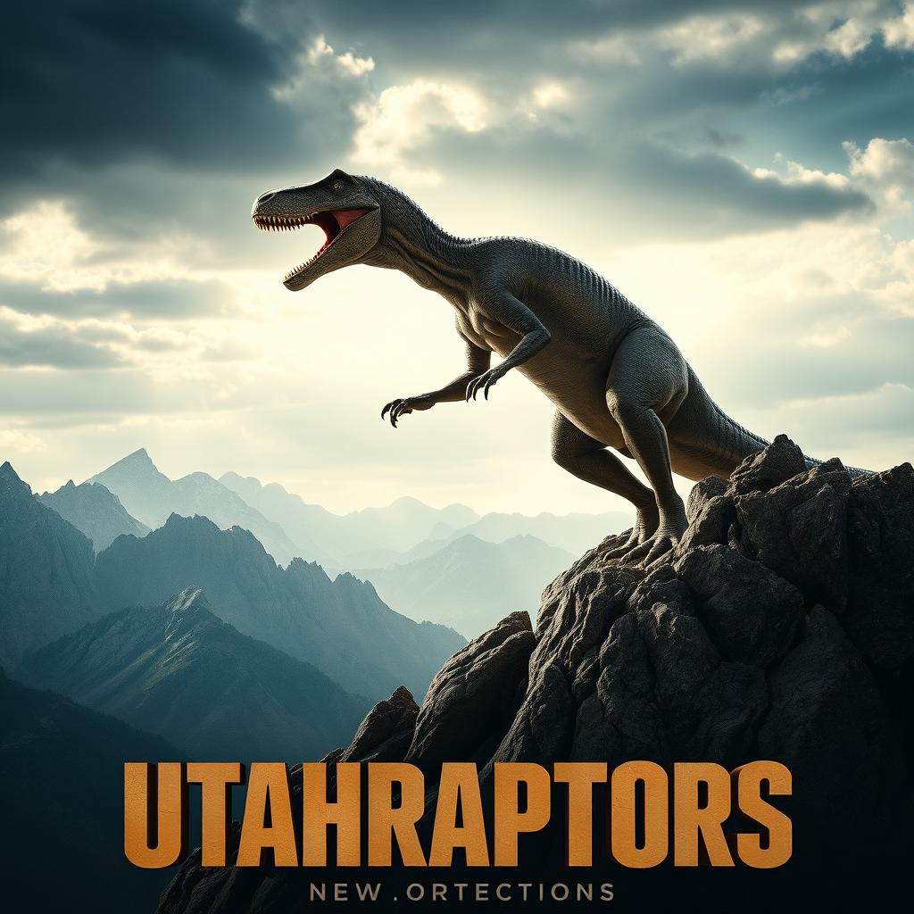 An exhilarating action movie poster titled "Utahraptors" featuring a Utahraptor in an epic pose atop a rugged mountain peak