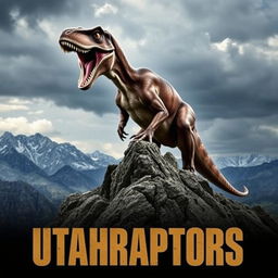 An exhilarating action movie poster titled "Utahraptors" featuring a Utahraptor in an epic pose atop a rugged mountain peak