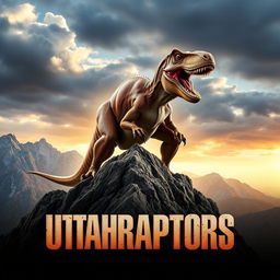 An exhilarating action movie poster titled "Utahraptors" featuring a Utahraptor in an epic pose atop a rugged mountain peak