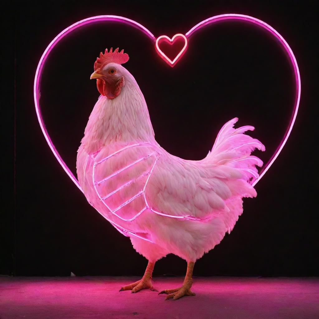 A realistic chicken standing under a bold neon sign in the shape of a heart. The chicken is full of detail and the neon sign glows brightly in pink