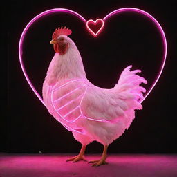 A realistic chicken standing under a bold neon sign in the shape of a heart. The chicken is full of detail and the neon sign glows brightly in pink