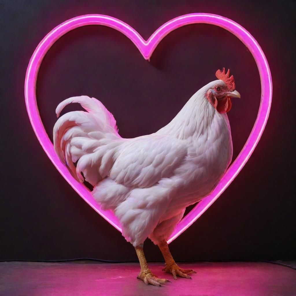 A realistic chicken standing under a bold neon sign in the shape of a heart. The chicken is full of detail and the neon sign glows brightly in pink