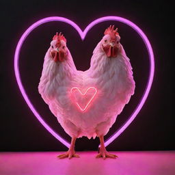 A realistic chicken standing under a bold neon sign in the shape of a heart. The chicken is full of detail and the neon sign glows brightly in pink