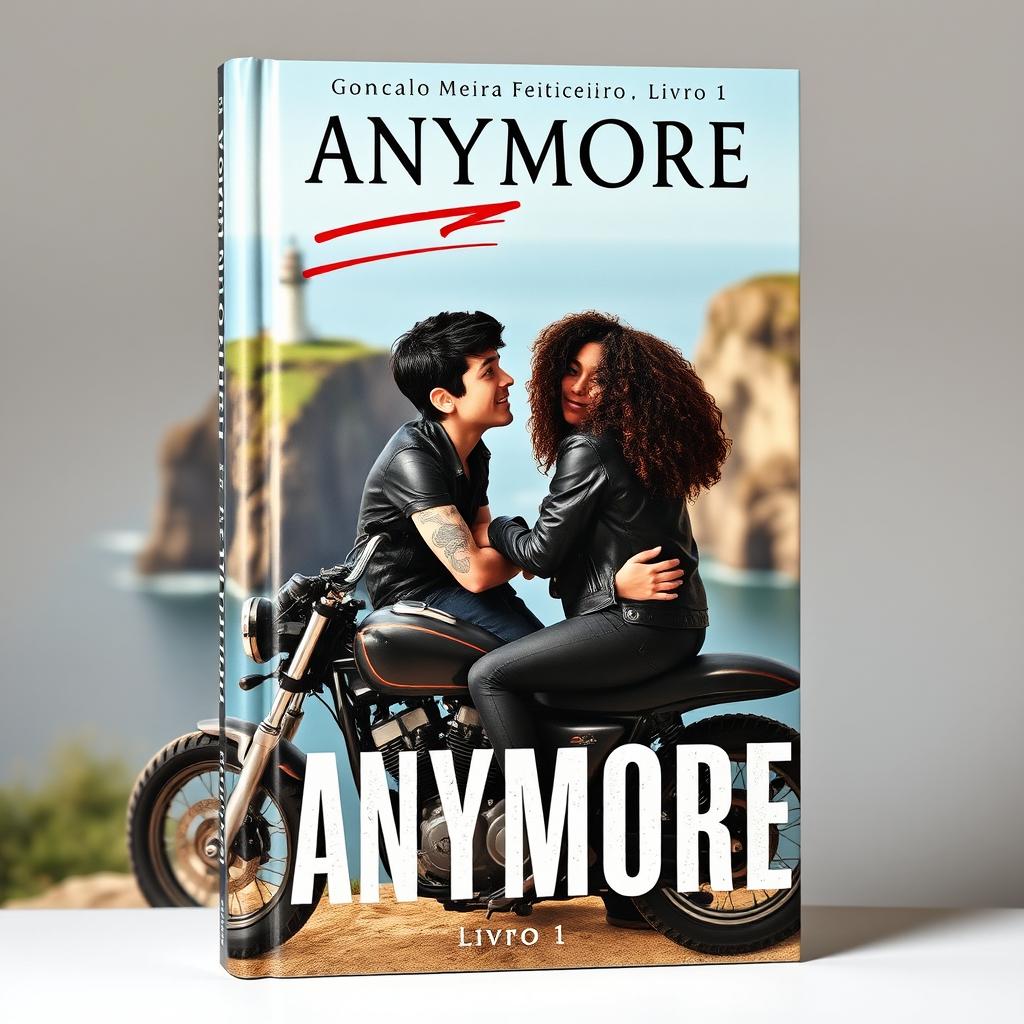 Book cover featuring a skinny white teenage biker with dark hair and tattoos wearing a black leather jacket, sitting on a custom motorcycle with his curly-haired mulatto girlfriend who is also wearing a biker jacket