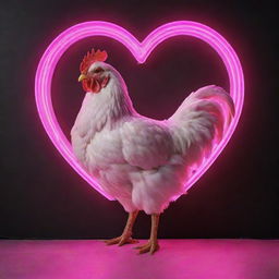 A realistic chicken standing under a bold neon sign in the shape of a heart. The chicken is full of detail and the neon sign glows brightly in pink