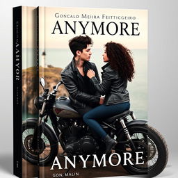 Book cover featuring a skinny white teenage biker with dark hair and tattoos wearing a black leather jacket, sitting on a custom motorcycle with his curly-haired mulatto girlfriend who is also wearing a biker jacket