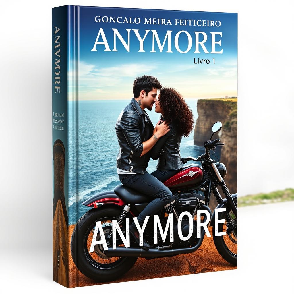 Book cover design featuring a skinny white teenage biker with dark hair and tattoos, wearing a leather jacket, sitting on a custom motorcycle with his curly-haired mulatto teenage girlfriend, also in a biker jacket