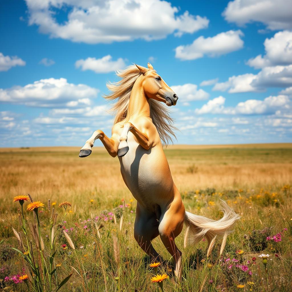 A wild and energetic horse rearing up on its hind legs, with its mane and tail flowing wildly in the wind