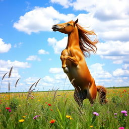 A wild and energetic horse rearing up on its hind legs, with its mane and tail flowing wildly in the wind