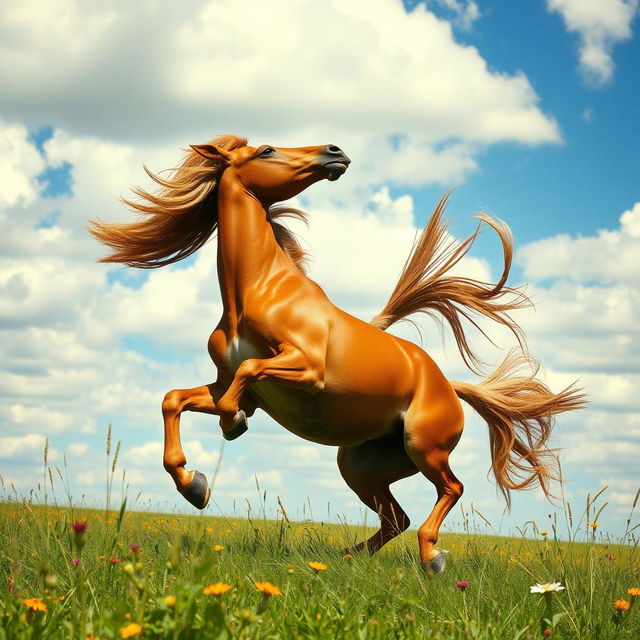 A wild and energetic horse rearing up on its hind legs, with its mane and tail flowing wildly in the wind