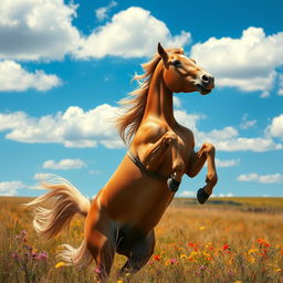 A wild and energetic horse rearing up on its hind legs, with its mane and tail flowing wildly in the wind