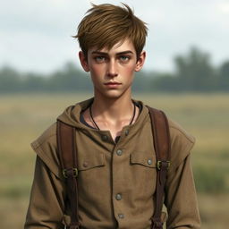 Finn is a sturdy young man, with brown hair and eyes resembling those of his father