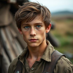 Finn is a sturdy young man, with brown hair and eyes resembling those of his father