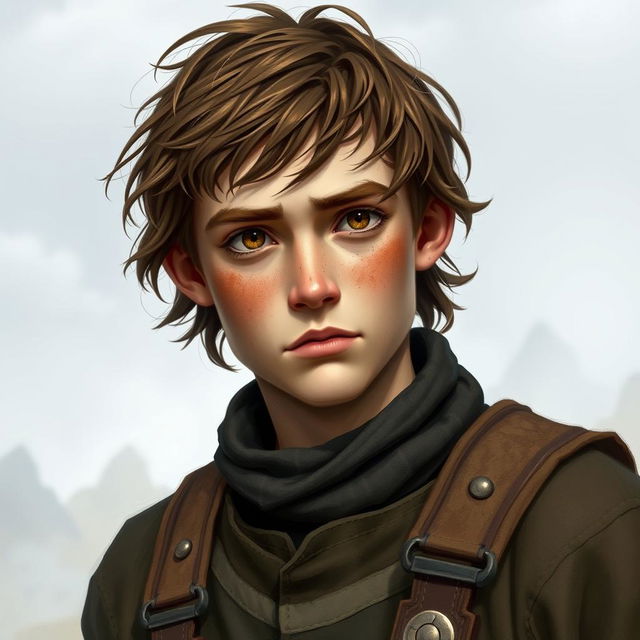 Finn is a sturdy young man, with brown hair and eyes resembling those of his father