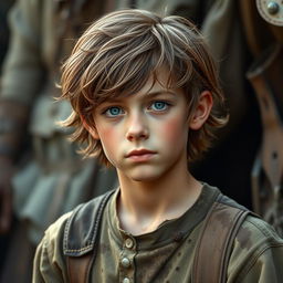 Finn is a sturdy young man, with brown hair and eyes resembling those of his father