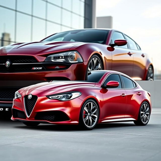 A seamless fusion of a Dodge Magnum and an Alfa Romeo Giulietta, showcasing a hybrid design that combines the classic muscle car features of the Magnum with the sleek, sporty elegance of the Giulietta