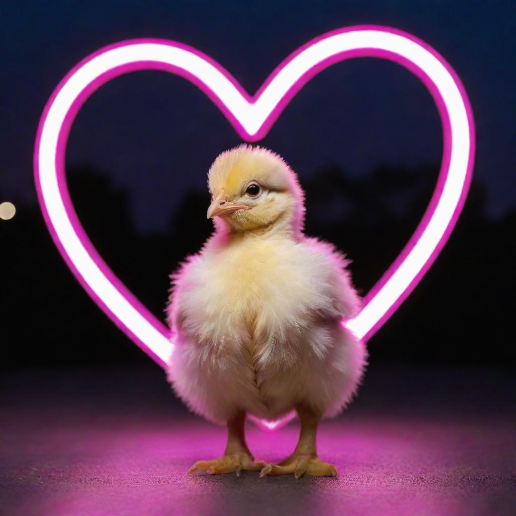 An adorable baby chicken standing under a glowing neon heart sign in the twilight.