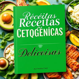 An ebook cover design featuring the title "Receitas Cetogênicas Deliciosas" in elegant, bold typography