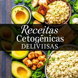 An ebook cover design featuring the title "Receitas Cetogênicas Deliciosas" in elegant, bold typography