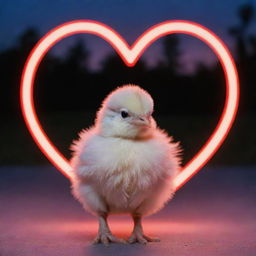 An adorable baby chicken standing under a glowing neon heart sign in the twilight.