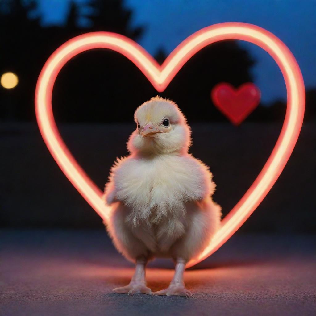 An adorable baby chicken standing under a glowing neon heart sign in the twilight.