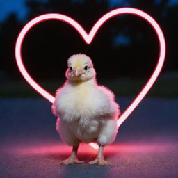 An adorable baby chicken standing under a glowing neon heart sign in the twilight.