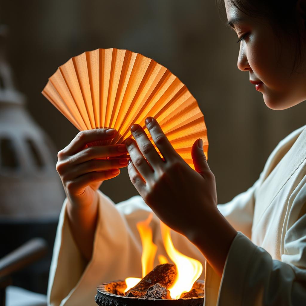 A person gently fanning a glowing ember with a traditional hand fan