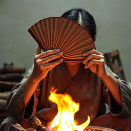 A person gently fanning a glowing ember with a traditional hand fan