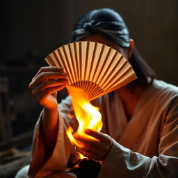 A person gently fanning a glowing ember with a traditional hand fan